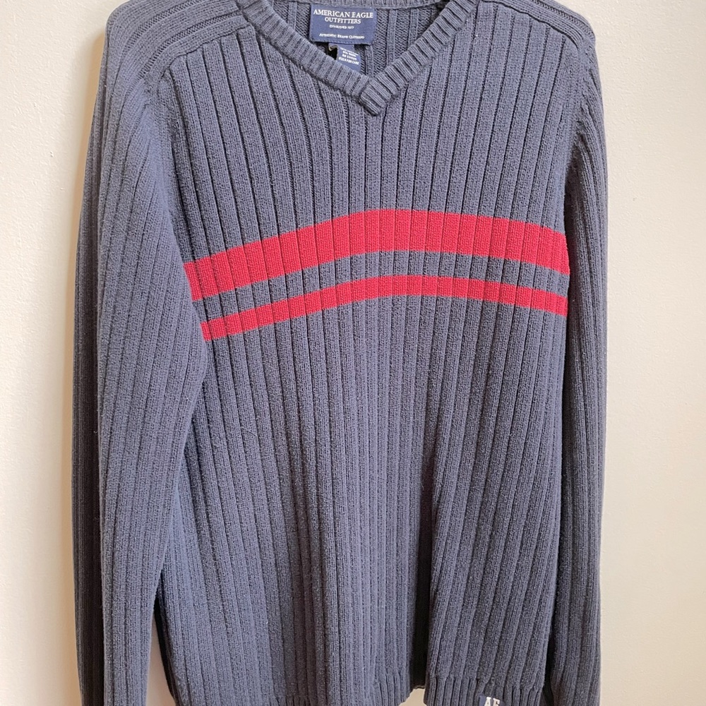 Large American Eagle V Neck Blue Sweater